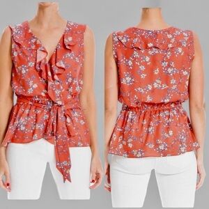 Max Studio Red floral SLEEVELESS RUFFLE TRIM PRINT BLOUSE IN CLYDLCJA size S